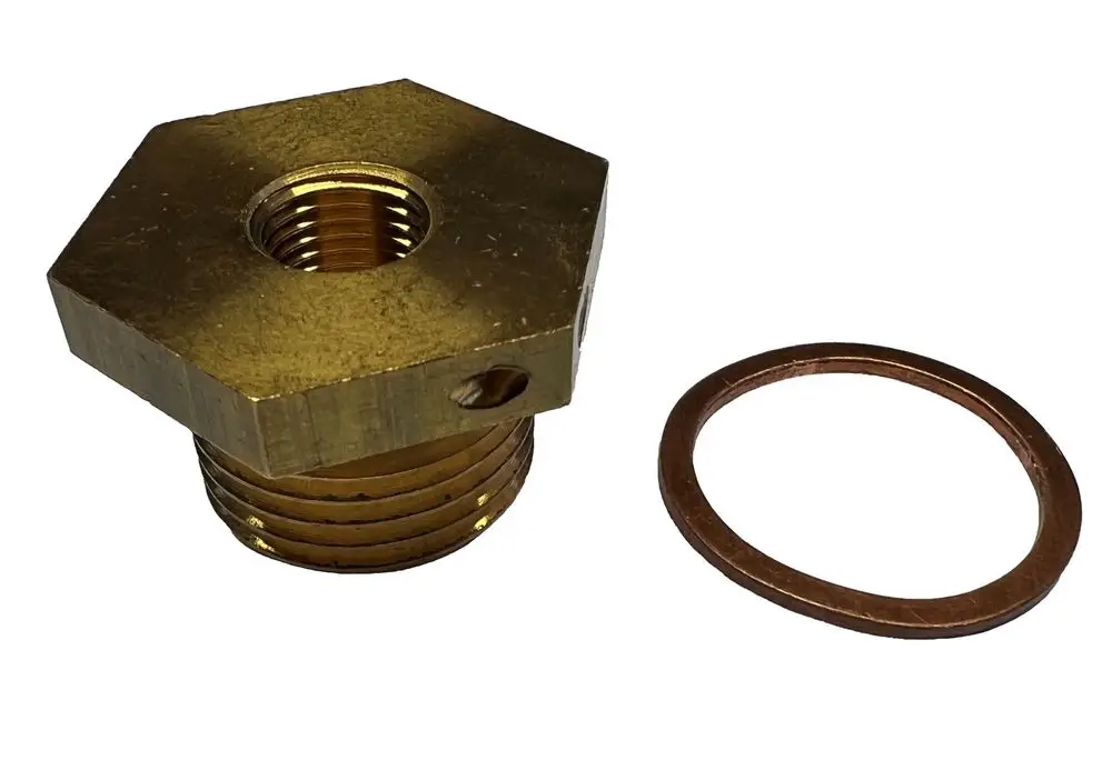 Adapterstück aus Messing mit Innengewinde zur Verbindung, inklusive flacher Dichtung. Hersteller: Danfoss.